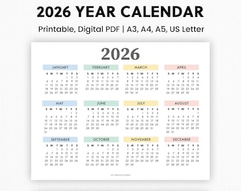 2026 Year Calendar Printable | Year at a Glance | Digital Download | 2026 Annual Calendar | Yearly Planner | Yearly Tracker | Wall Calendar