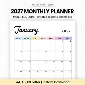 2027 Monthly Calendar | Printable, Fillable | Dated Monthly Calendar Planner | Vertical, Portrait | 2027 Year Calendar | A4, A5, Letter