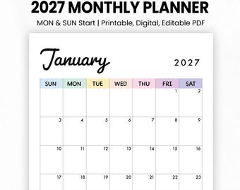 2027年月間カレンダー｜印刷可能、記入可能｜日付入り月間カレンダープランナー｜縦型｜2027年カレンダー｜A4、A5、レターサイズ
