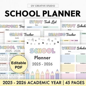Editable School Planner for Kids 2025-2026, Printable, Digital PDF, School Checklist, Routines, Homework, Chores, Calendars, Affirmations