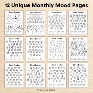 May include: Twelve unique monthly mood pages with various black and white designs. Each page is labeled "Mood Tracker" and features different illustrations, including stars, hearts, flowers, trees, cacti, and more. The pages are designed for tracking daily moods.