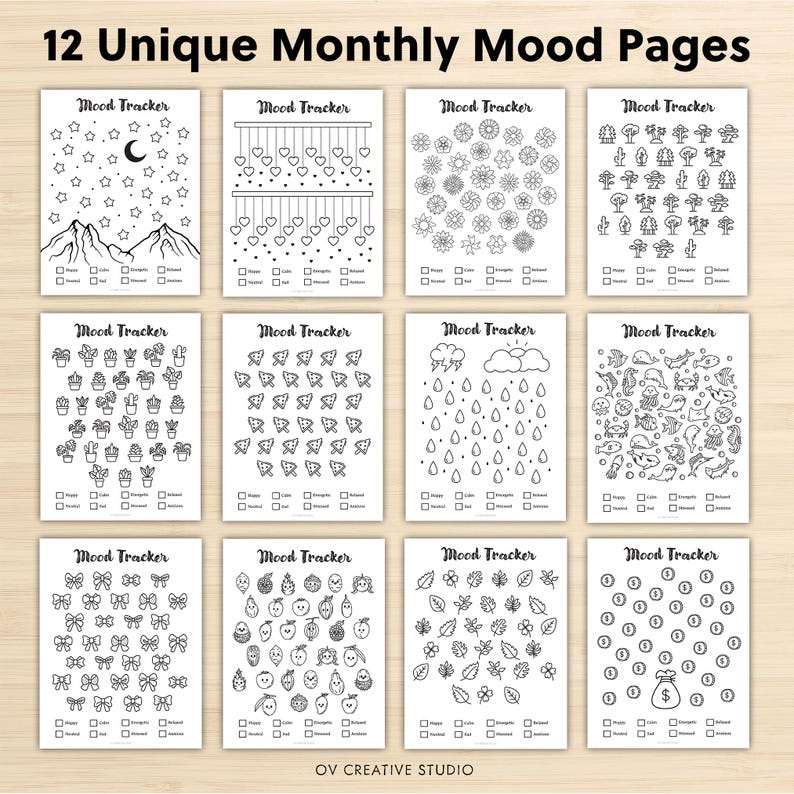 May include: Twelve unique monthly mood pages with various black and white designs. Each page is labeled "Mood Tracker" and features different illustrations, including stars, hearts, flowers, trees, cacti, and more. The pages are designed for tracking daily moods.