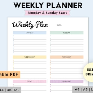 Editable Weekly Planner | Printable, Digital | Weekly Planner PDF | Weekly Organizer | Weekly To Do List Template | Weekly Checklist
