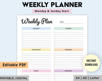 Editable Weekly Planner | Printable, Digital | Weekly Planner PDF | Weekly Organizer | Weekly To Do List Template | Weekly Checklist