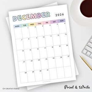 2026 Monthly Calendar | Printable, Fillable | Dated Monthly Template | 2026 Digital | Portrait, Vertical, 2026 Diary Insert | A4, A5, Letter image 5