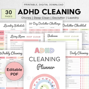 Editable ADHD Cleaning Planner Bundle, Printable, Weekly, Monthly Cleaning Planner, Checklist, Declutter, Deep Cleaning, Laundry