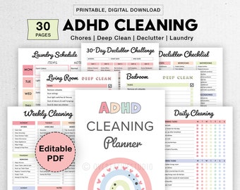 May include: Printable ADHD Cleaning Planner with 30 pages. The planner includes checklists for laundry, decluttering, daily cleaning, and deep cleaning for the living room and bedroom. The planner is editable and includes a 30-day decluttering challenge.