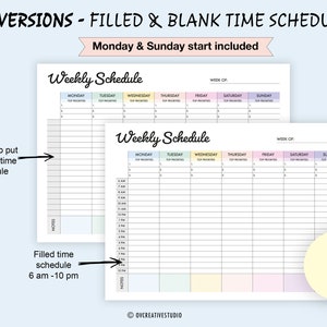 Puede incluir: Dos versiones de una plantilla de horario semanal, una llena con horarios de muestra y otra en blanco. La versi&oacute;n llena muestra un horario de 6 am a 10 pm. Ambas versiones tienen un esquema de color pastel e incluyen lunes y domingo.