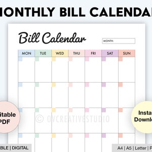 Editable Bill Calendar | Printable Monthly Bill Planner | Monthly Bill ...