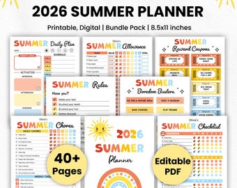 Bearbeitbarer druckbarer Sommerplaner für Kinder 2026 | Sommerplan, Hausarbeit, Checkliste, Kalender, Packliste, Bucketliste, Aktivitätsplaner