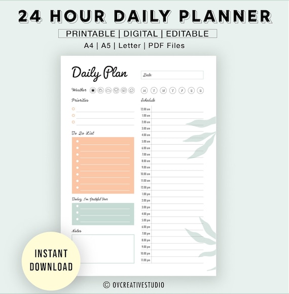 24 Hour Daily Planner Schedule Printable Daily Planner, to Do List,  Editable Daily Planner, Daily Checklist, Task List, Work Day Schedule 