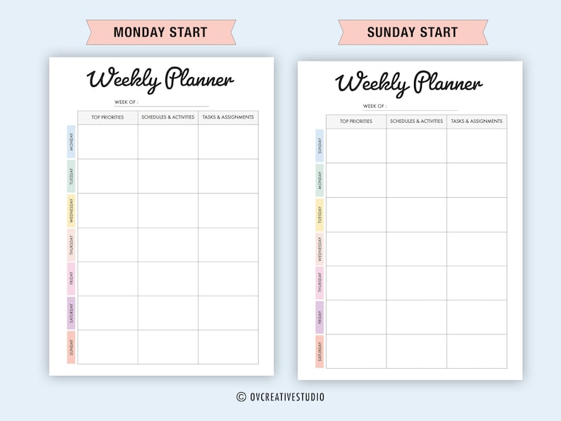 May include: A printable weekly planner template with two versions: one starting on Monday and the other starting on Sunday. The planner has sections for top priorities, schedules and activities, and tasks and assignments. Each day of the week is color-coded.