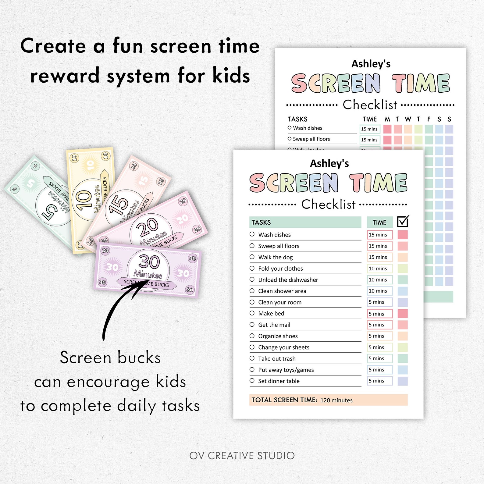 Editable Screen Time Chart, Printable Screen Reward Bucks, Reward Chart ...