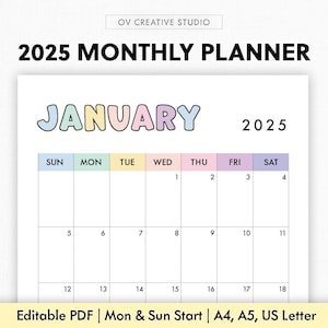 Calendario mensual 2025 / Imprimible, rellenable / Plantilla mensual con fecha / 2025 digital / Vertical, para insertar en diario 2025 / A4, A5, carta