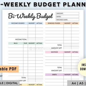 Editable Bi-Weekly Budget Planner | Printable, Digital | Personal Budget | Bi Weekly Budget Template | Budget by Bi-Weekly | A4, A5, Letter