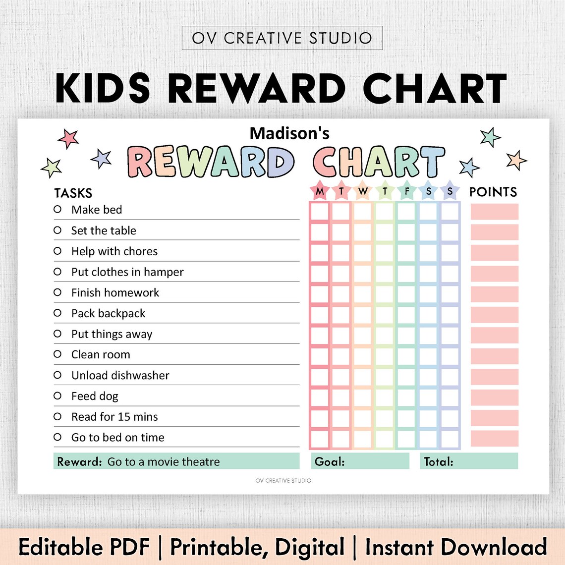 EDITABLE Reward Chart for Kids | Printable, Digital PDF | Weekly Chore ...