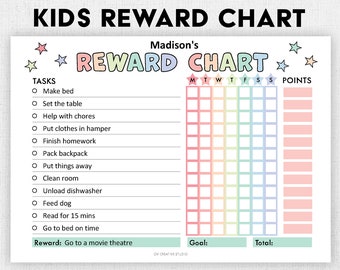May include: A printable reward chart for kids with a rainbow color scheme. The chart has a list of tasks, a grid for tracking progress, and spaces for a reward, goal, and total points. The text "Madison's Reward Chart" is at the top of the chart.