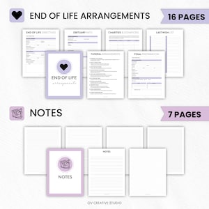 May include: A planner with the text "END OF LIFE ARRANGEMENTS" and "NOTES". The planner includes sections for directives, obituary info, and funeral arrangements. The "END OF LIFE ARRANGEMENTS" section has 16 pages, and the "NOTES" section has 7 pages.