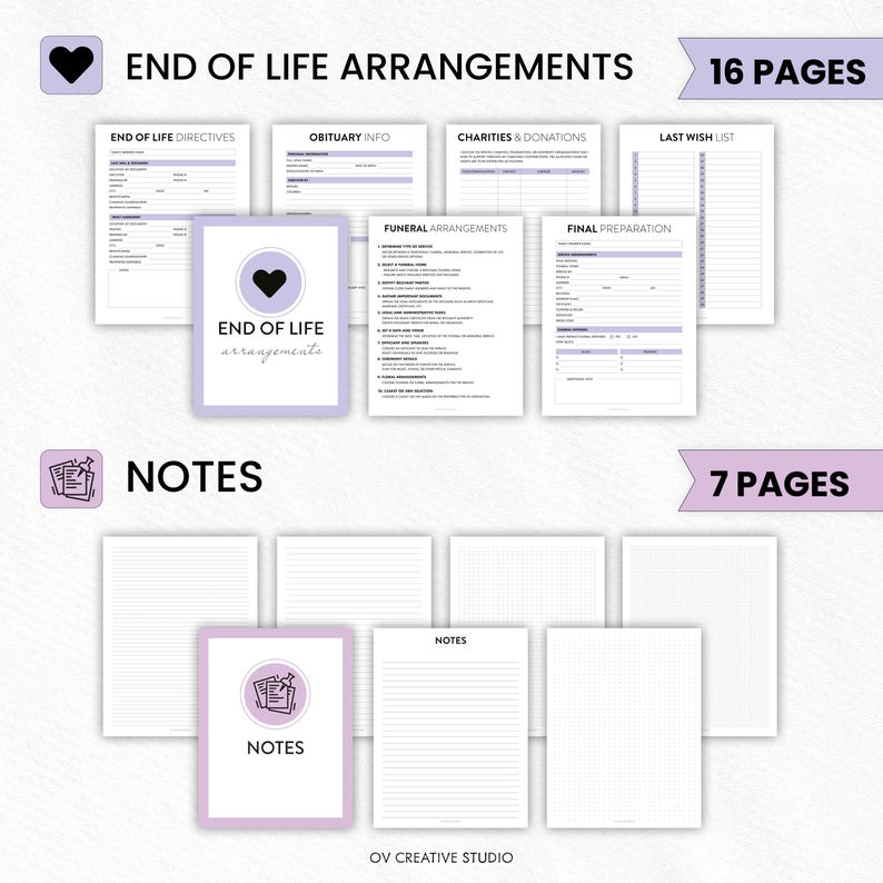 May include: A planner with the text "END OF LIFE ARRANGEMENTS" and "NOTES". The planner includes sections for directives, obituary info, and funeral arrangements. The "END OF LIFE ARRANGEMENTS" section has 16 pages, and the "NOTES" section has 7 pages.