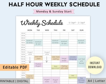 Editable Weekly Schedule Printable | Half Hour Weekly Schedule | Weekly Planner | Week At A Glance | Weekly To Do List | Digital PDF