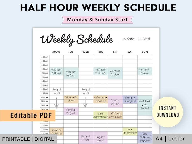 Editable Weekly Schedule Printable Half Hour Weekly Schedule - Etsy UK