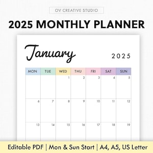 Calendario mensual 2025 / Imprimible, rellenable / Planificador de calendario mensual con fecha / Vertical, Retrato / Calendario anual 2025 / A4, A5, Carta