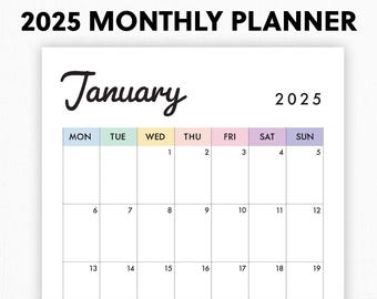 2025 Monatskalender | Druckbar, Ausfüllbar | Datiert Monatskalender Planer | Vertikal, Hochformat | 2025 Jahreskalender | A4,A5,Letter
