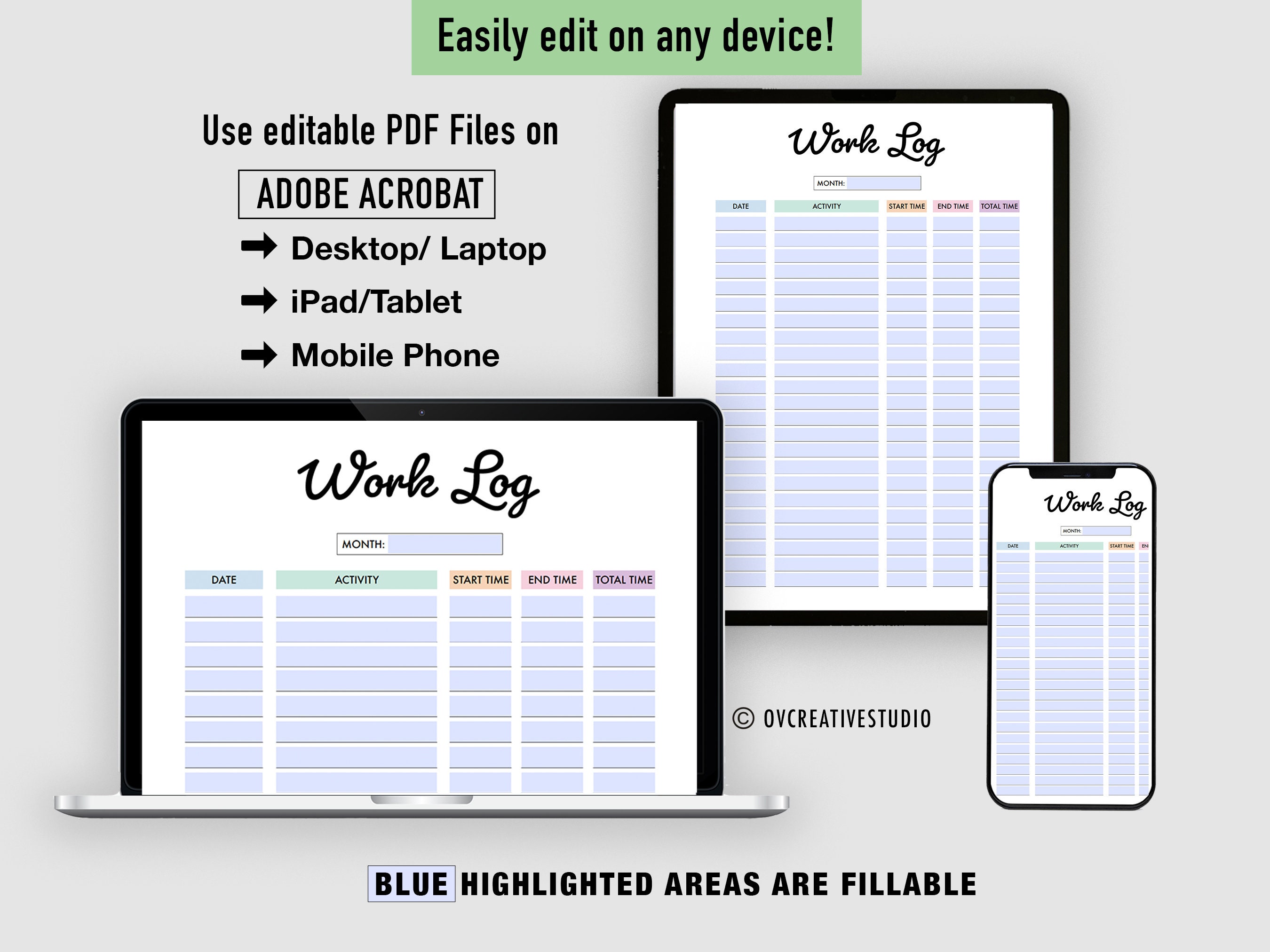 Editable Work Log | Printable | Time Log | Activity Tracker | Working ...