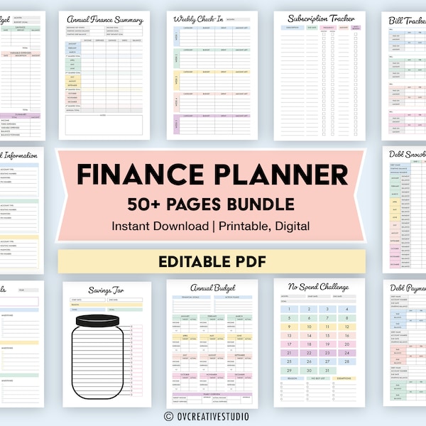 Bewerkbare financiële plannerbundel | Digitale PDF, invulbaar | Budget Tracker-bundel | Spaartracker, budget, rekeningtracker, uitgaven, uitgaven