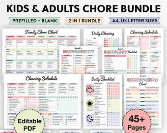 May include: A printable chore bundle for kids and adults. The bundle includes a family chore chart, daily cleaning checklists, a school day checklist, a cleaning schedule, and a consequence chart. The pages are in pastel colors with rainbow accents. The text on the cover reads "Kids & Adults Chore Bundle", "Prefilled + Blank", "2 in 1 Bundle", "A4, US Letter Sizes", and "45+ Pages".