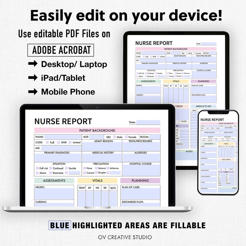 Editable Nurse Report Sheet | Printable, Digital | Nurse Brain Sheet, Single Patient Reporting Template, Nurses Resources, Med Surg, PDF image 5