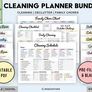 BEWERKBARE reinigingsschemabundel, afdrukbaar, wekelijks, maandelijks, jaarlijks schoonmaakplanner, schoonmaakchecklist, opruimen, grafiek gezinstaken