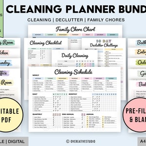 EDITABLE Cleaning Schedule Bundle, Printable, Weekly, Monthly, Yearly Cleaning Planner, Cleaning Checklist, Declutter, Family Chore Chart