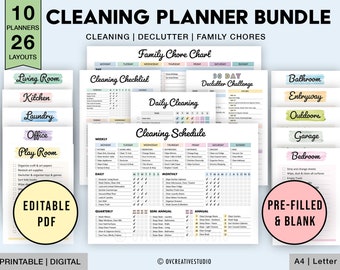 EDITABLE Cleaning Schedule Bundle, Printable, Weekly, Monthly, Yearly Cleaning Planner, Cleaning Checklist, Declutter, Family Chore Chart