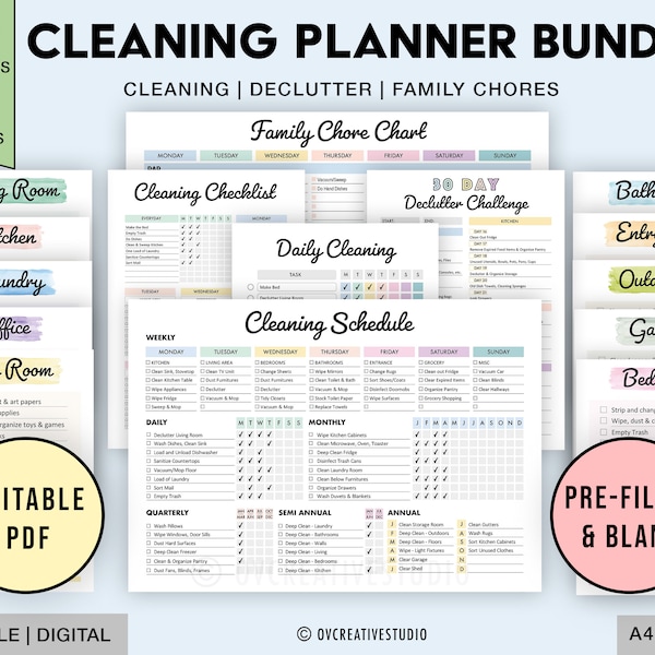 EDITABLE Cleaning Schedule Bundle, Printable, Weekly, Monthly, Yearly Cleaning Planner, Cleaning Checklist, Declutter, Family Chore Chart