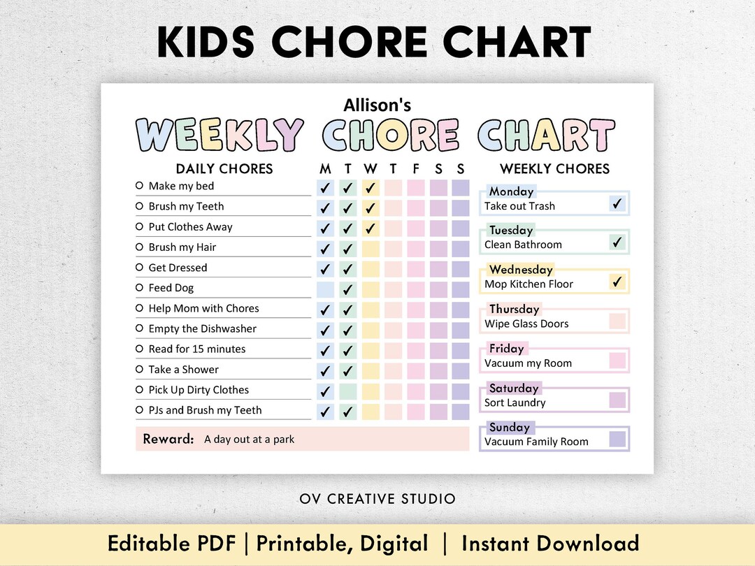 Editable Chore Chart For Kids Printable Kids Daily Weekly 