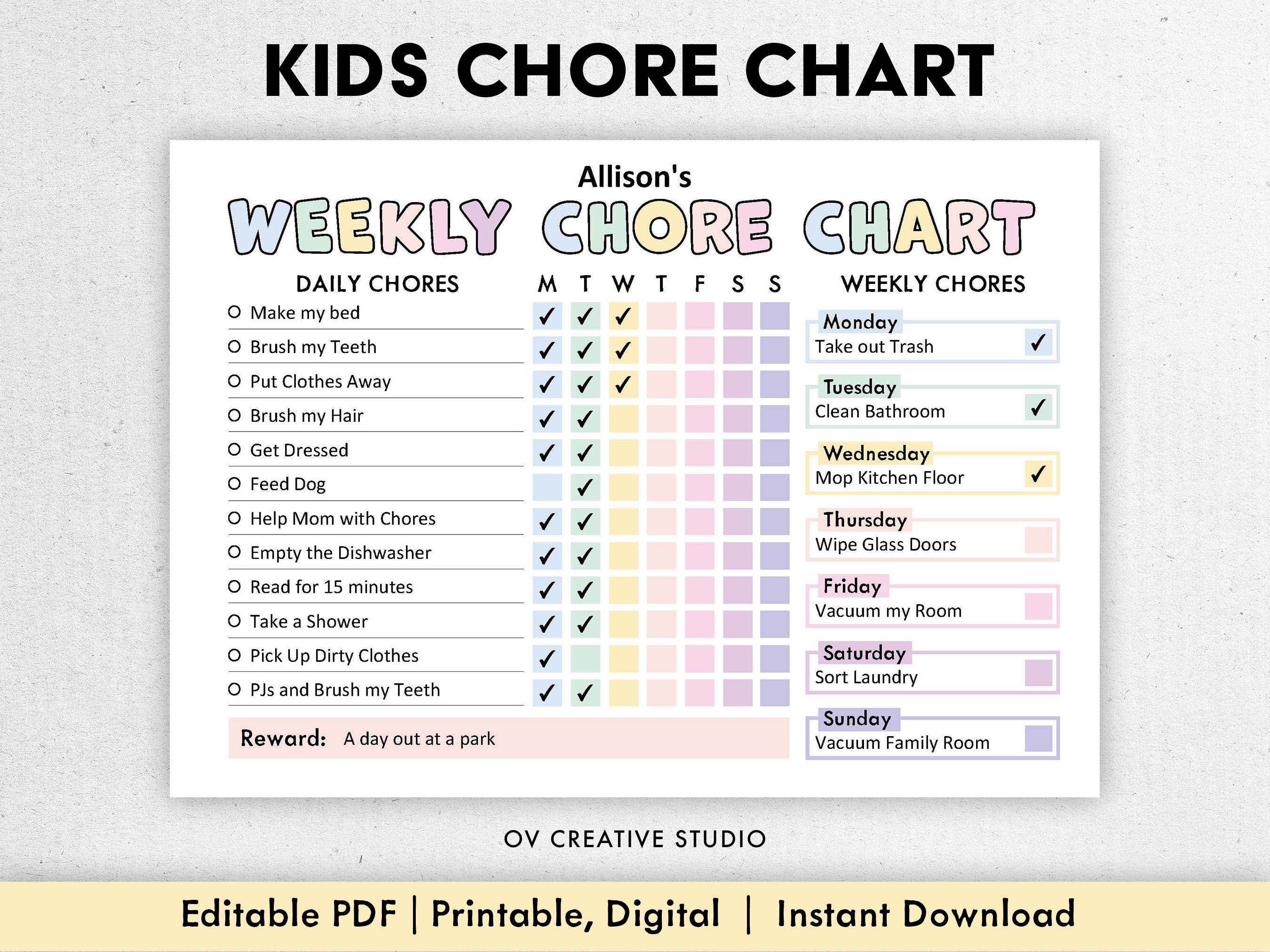 Editable Chore Chart for Kids Printable Kids Daily Weekly Responsibility  Chart Kids Chore List Kids Daily Routine Checklist PDF 