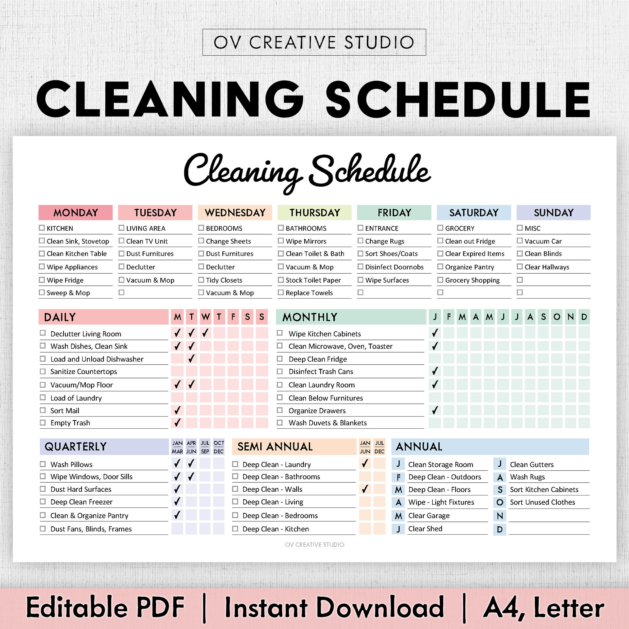 EDITABLE Cleaning Schedule | Printable | Weekly, Monthly, Yearly Cleaning Checklist, ADHD, Cleaning Planner, House Chore List | Digital PDF