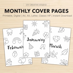 12-miesięczne strony tytułowe do Bullet Journal | Do druku, cyfrowe | Okładki miesięczne | Strona główna do cyfrowego planera, do druku, szablony PDF