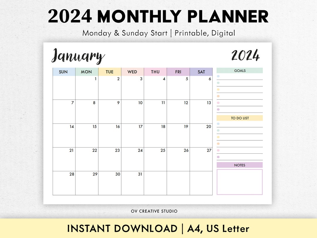 2024 Monthly Calendar Printable, Fillable Dated Monthly Calendar Planner  Vertical, Portrait 2024 Year Calendar A4, Letter - Etsy