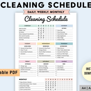 Editable Cleaning Schedule | Printable | Cleaning Checklist | Daily Weekly Monthly Cleaning Planner | Chore Chart Printable | Digital PDF