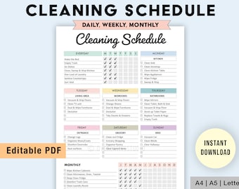 Editable Cleaning Schedule | Printable | Cleaning Checklist | Daily Weekly Monthly Cleaning Planner | Chore Chart Printable | Digital PDF