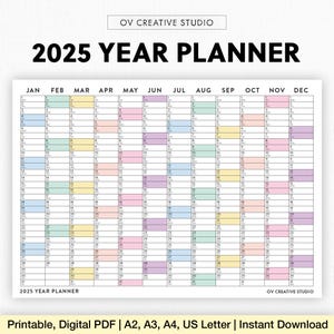 2025 Year Calendar Printable | Digital Download | 2025 Annual Calendar Inserts | A2 Size Wall Planner, Desk Calendar, Monthly Planner | PDF