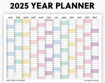 Kalender 2025 zum Ausdrucken | Digitaler Download | 2025 Jahreskalender-Einlagen | A2 Größe Wandplaner, Schreibtischkalender, Monatsplaner | PDF-Datei
