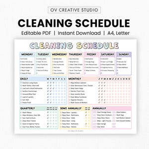 May include: A colorful cleaning schedule printable with a weekly, monthly, quarterly, semi-annually, and annually checklist. The schedule includes tasks for the kitchen, living area, bedrooms, bathrooms, and more. The text "CLEANING SCHEDULE" is at the top.