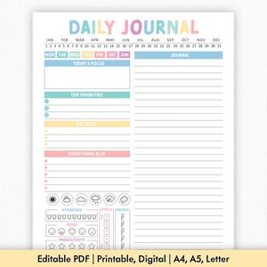 Editable ADHD Daily Journal | Printable, Digital | Daily Focus Template PDF | Daily Organized for Work, School, Home | Wellness, Self-Care