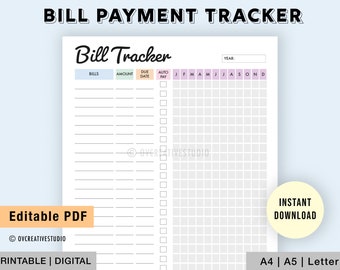 Editable Bill Tracker | Yearly Bill Tracker | Monthly Bill Tracker | Printable Bill Tracker | Bill Payment Log, Subscription Payment | PDF