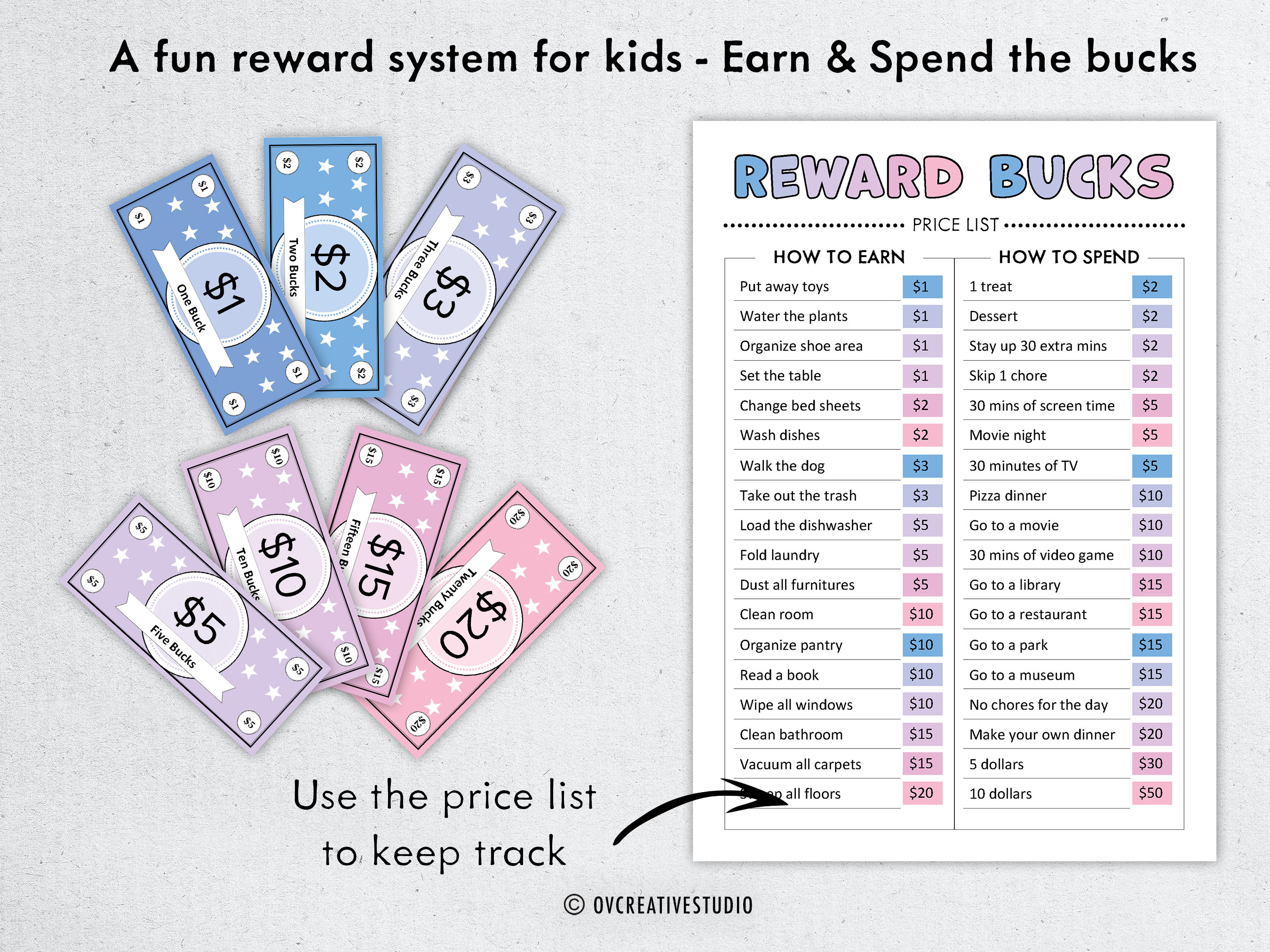 Editable Kids Reward Bucks | Printable | Mom Bucks, PDF Reward System ...