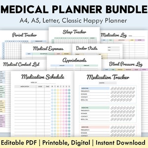 Puede incluir: Un paquete de planificadores médicos imprimibles en formato PDF. El paquete incluye rastreadores para el sueño, el período, los medicamentos, la presión arterial, las visitas al médico, los gastos médicos y una lista de contactos. Las páginas están decoradas con colores pastel y un tema de planificador feliz.