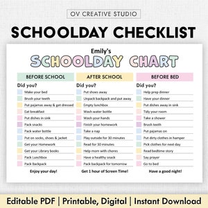 Editable Schoolday checklist for kids | Printable | Kids Chore Chart | Before School, After School, Before Bed | Kids Responsibility Chart